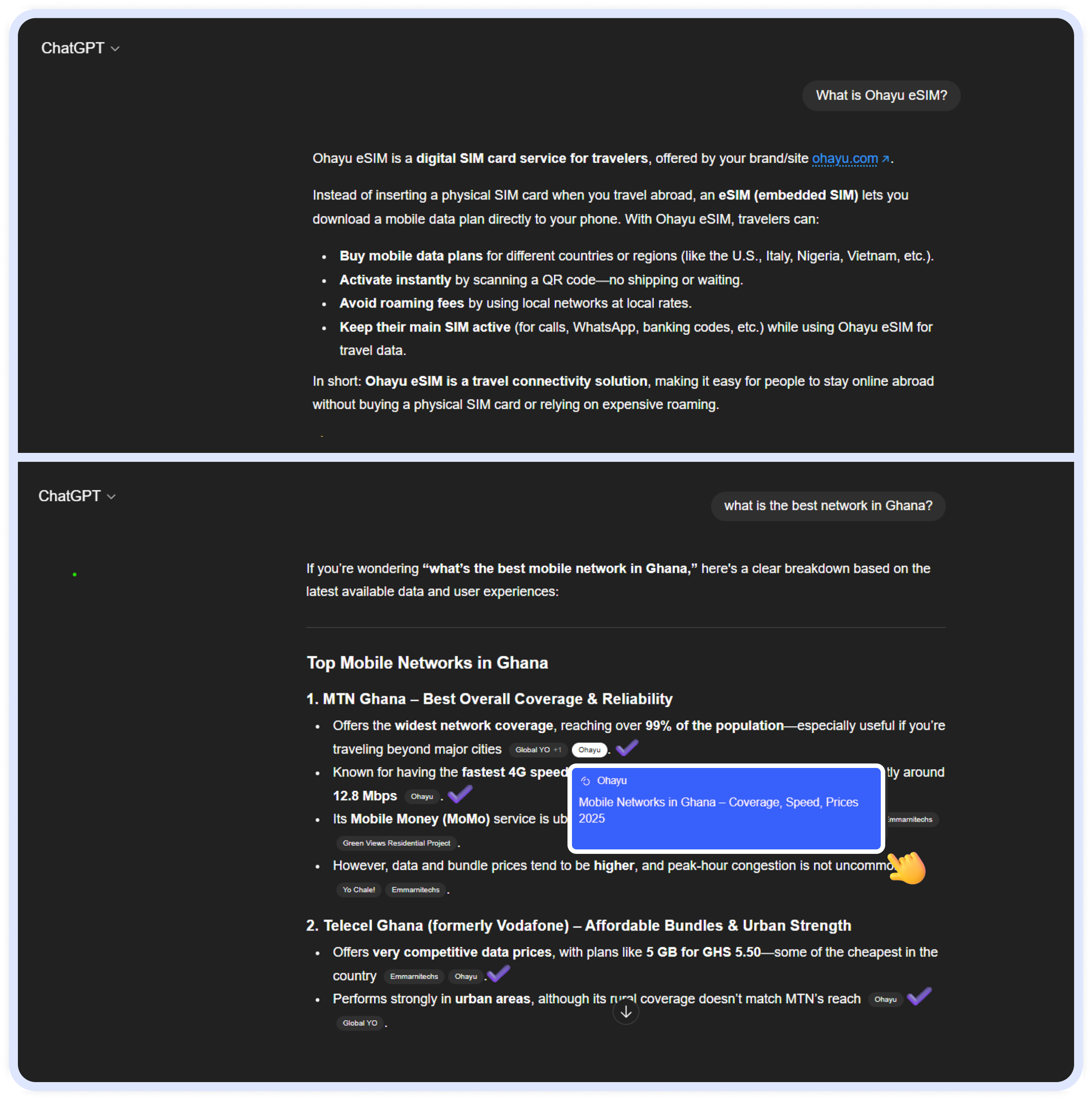 Діалог у ChatGPT, у якому пояснюється сервіс Ohayu eSIM та порівнюються мобільні мережі MTN Ghana і Telecel Ghana за покриттям і цінами